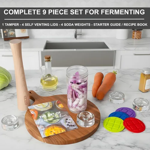 Vista 3 de BALCI Kit completo de fermentación de frascos Mason – Juego de iniciación de 9 piezas con tapas de fermentación, pesas de vidrio, pisón de madera