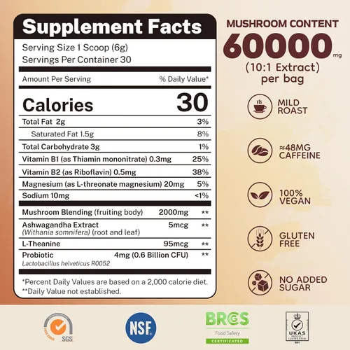 Vista 2 de Café de hongos de 60,000 mg – 13 hongos naturales mezcla de aceite MCT y vitaminas, café instantáneo Keto Arábica con Ashwagandha y L-teanina y más