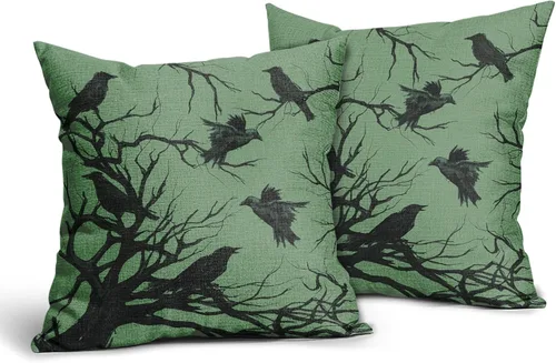 Vista 2 de Tree Crows - Juego de 2 fundas de almohada de Halloween de 16 x 16 pulgadas, fundas de almohada decorativas de otoño, fundas de almohada negras