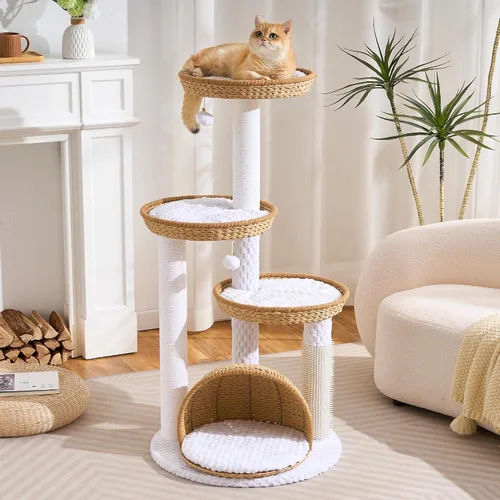 Vista 10 de HITTITE Moderna torre de árbol para gatos con poste rascador, torres para gatos de 46 pulgadas de alto con nidos y cueva tejidos, árbol para gatos