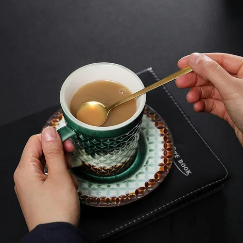 Vista 5 de CAPIJIONG 6.8 fl oz/6.67oz Vintage Cerámica Horno Taza de Café Set Creativo Simple Taza de Leche para Oficina Hogar Restaurante Café-Azul Esmalte