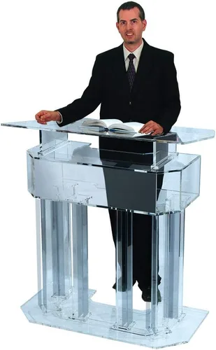 Vista 9 de Kingdom Atril acrílico o podio con base de 6 columnas y un estante central ancho con mucho espacio para tus necesidades de presentación