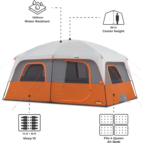 Vista 4 de CORE Tent for Family Camping 10 Person / 11 Person / 12 Person Large Multi Room Cabin Tents for Car Camping & Outdoor Adventures