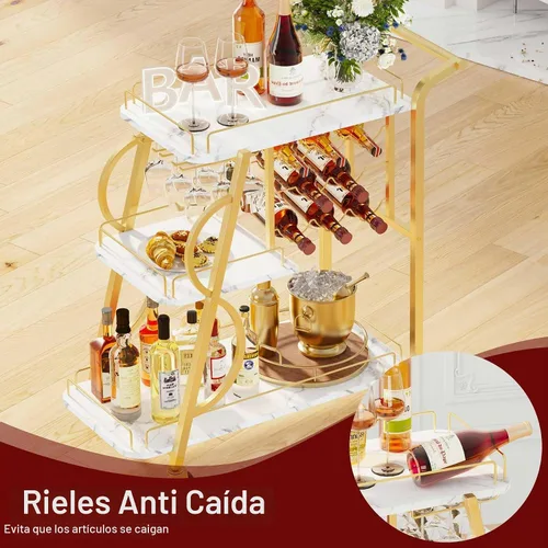 Vista 5 de Carrito de Bar, Carrito de Bar Dorado para el Hogar, Carrito de Servicio con Soporte para Copas de Vino, Carrito de Bebidas de 3 Niveles con Ruedas