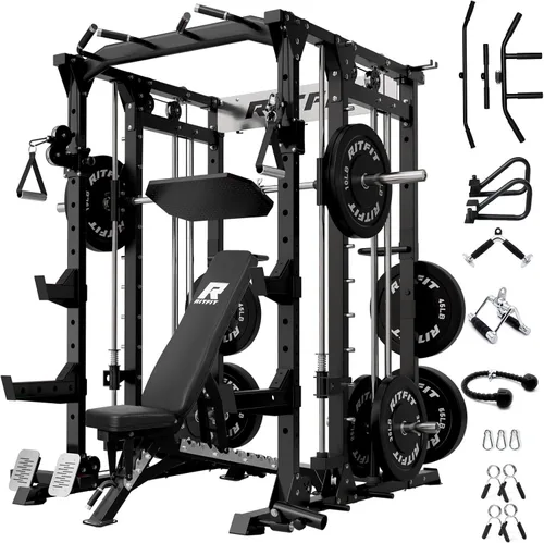 Vista 14 de RitFit Máquina Buffalo Smith, jaula eléctrica con sistema LAT-Pull Down y sistema de cruce de cables, estante de sentadillas todo en uno
