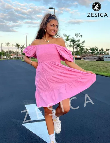 Vista 7 de ZESICA Vestido corto bohemio de verano para mujer, con cuello cuadrado, manga abombada, hombros descubiertos, fruncido, escalonado, casual
