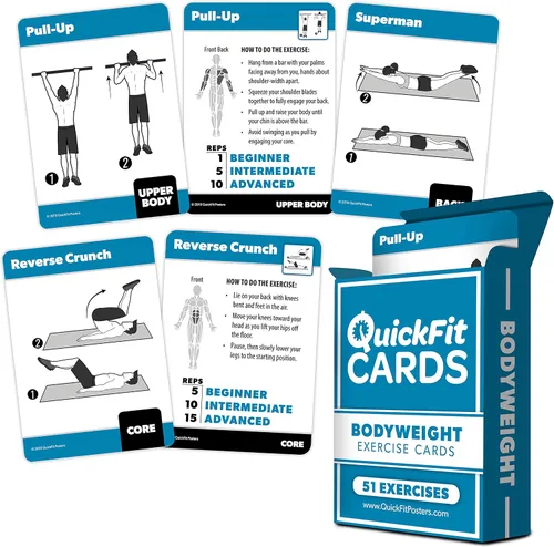 Vista 3 de Quickfit - Paquete de 2 pósteres de entrenamiento con mancuernas y juego de tarjetas de ejercicio de peso corporal