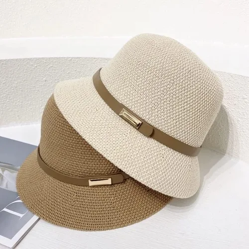 Vista 3 de XWWDP Sombrero de panamá de algodón para mujer, paja de verano para playa, cinturón plegable con correa para mujer, sombrero de cubo de vacaciones