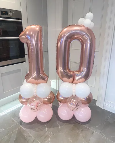 Vista 6 de Globos gigantes de número 10 de 40 pulgadas en oro rosa, 10 globos de oro rosa para cumpleaños, globos de 10 para décimo cumpleaños, aniversario