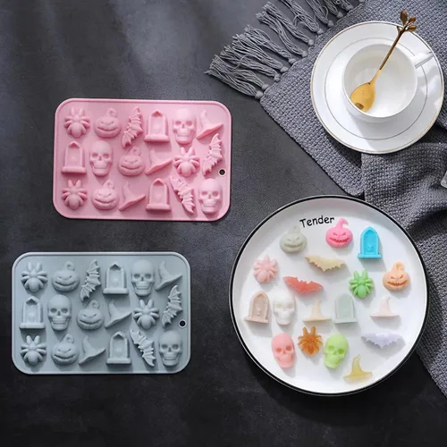 Vista 7 de Molde de silicona de Halloween para chocolate 3D para hornear chocolates, galletas, gomitas de caramelos, calaveras, calabazas, murciélagos