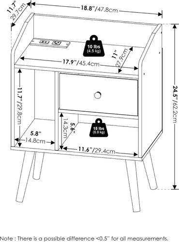 Vista 3 de Furinno Claude Mesa Auxiliar, Mesa Lateral de Mediados de Siglo con Estación de Carga, Mesita de Noche con Patas de Madera, Mesa de Cabecera