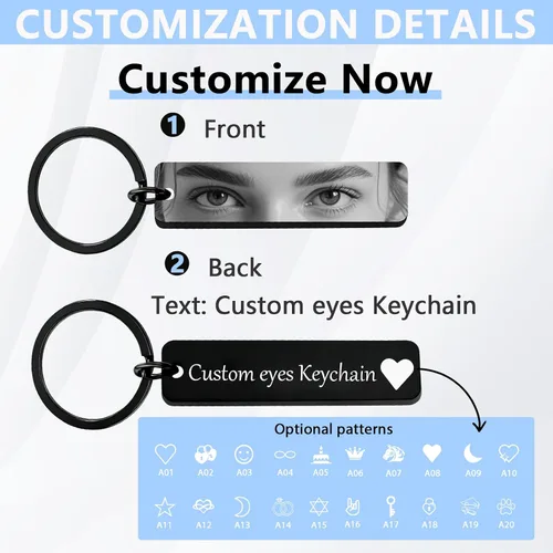 Vista 2 de Llaveros personalizados con foto de ojo, llaveros personalizados para ojos, texto grabado, regalo personalizado de acero inoxidable de doble cara