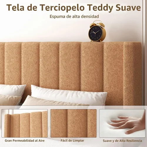 Vista 7 de Base de cama tamaño matrimonial con cabecero, marco de cama plataforma tapizado con cabecero de terciopelo tipo osito de peluche, soporte
