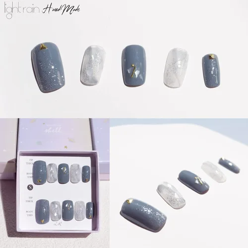 Vista 4 de LIGHT RAIN - Uñas a presión medianas con diseño de galaxia Andromeda, de lujo, reutilizables, de siete capas, con acabado UV, uñas postizas hechas a
