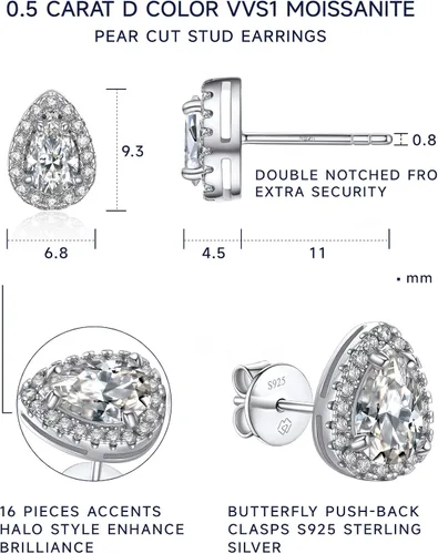 Vista 6 de MomentWish Aretes de moissanita, regalos para el día de San Valentín, aretes de moissanita, color D VVS1 imitación diamante 925 aretes de halo