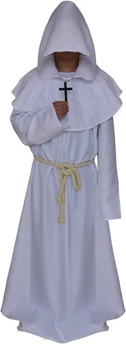 Vista 7 de Disfraz de monje renacentista medieval con capucha tipo Fraile, disfraz de cosplay. Negro