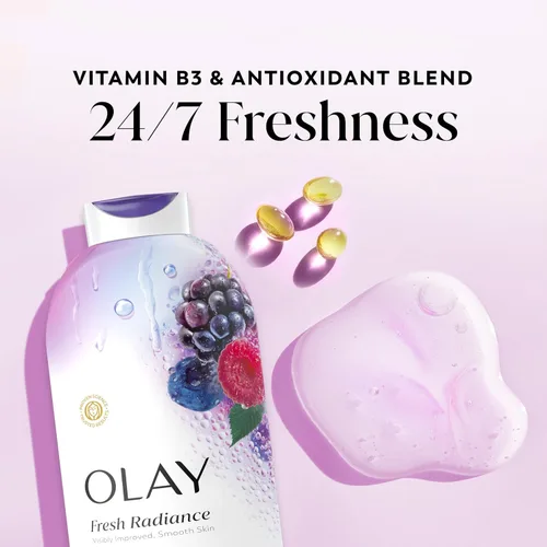 Vista 3 de Olay Gel de baño para mujer, Fresh Radiance, frescura amante de la piel 24/7, visiblemente radiante, limpiadores a base de plantas, vitamina B3