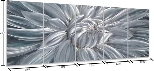Vista 2 de Yihui Arts Arte de pared de flores de metal plateado, 5 piezas de arte de aluminio, escultura botánica contemporánea para sala de estar, dormitorio