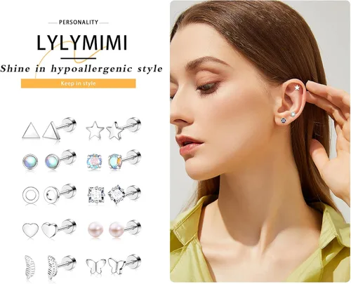 Vista 6 de Aretes de acero inoxidable quirúrgico hipoalergénico con parte trasera plana para mujeres y hombres, aretes de circonita cúbica para cartílago