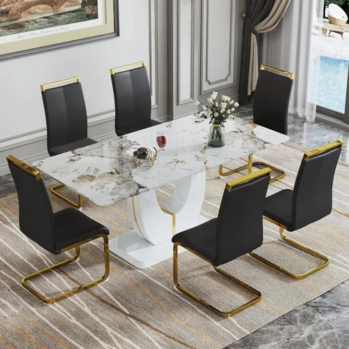 Vista 23 de JUFU Juego de mesa de comedor moderno para 4, juego de mesa de cocina rectangular de 63 pulgadas con mesa de mármol sintético y 4 sillas tapizadas