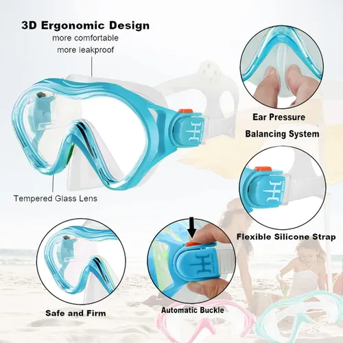 Vista 2 de Equipo de esnórquel para niños, esnórquel seco HH HHAO Sport Kids Snorkel Set Junior Anti niebla vista panorámica de 180°, gafas de natación