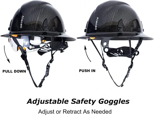 Vista 2 de Casco rígido de fibra de carbono de ala completa con gafas - Casco de seguridad con suspensión de trinquete ajustable de 6 puntos - Cumple con ANSI