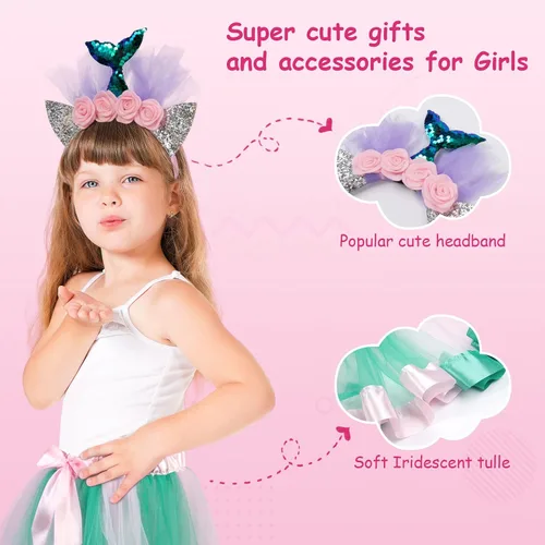Vista 5 de Jasmine Conjunto de disfraz de 3 piezas de tul en capas con tutú de arcoíris para niña, diadema de unicornio y alas de arcoíris