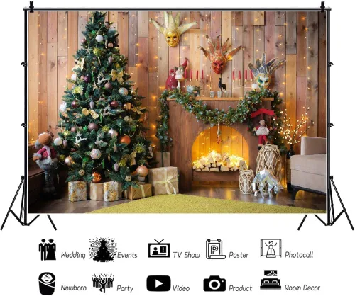 Vista 2 de Renaiss Fondo de chimenea de Navidad de 5 x 3 pies, cajas de regalo de árbol de Navidad retro marrón con purpurina, fondo de fotografía de Feliz