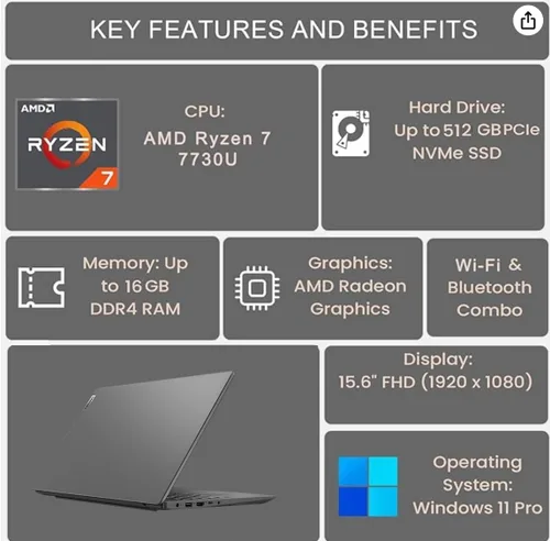 Vista 2 de Lenovo Laptop V15 Gen 4 para empresas (15.6" FHD antirreflejo, AMD Ryzen 7 7730U (Supera i7-1355U), 16GB RAM, 512GB SSD), teclado numérico, cámara