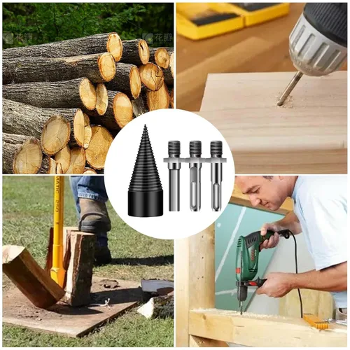 Vista 9 de Firewood Splitter Drill Bit, Removable Screw Cone Wood Drill Bit Set, Steel Kindling Splitter Drills Bits with 3 Attachment, Firewood Splitting Cut