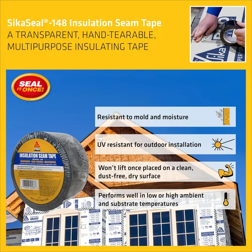 Vista 3 de SIKA SikaSeal-148 Cinta Selladora de Aislamiento - Transparente, Multiusos, Adhesivo Acrílico Desgarrable a Mano - Uso Interior/Exterior, Resistente