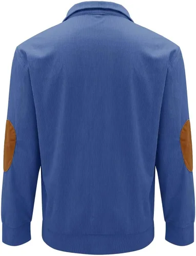 Vista 3 de Sudadera polo de pana para hombre, manga larga, rasgada, texturizada, suéter Vinatge con parches y botones
