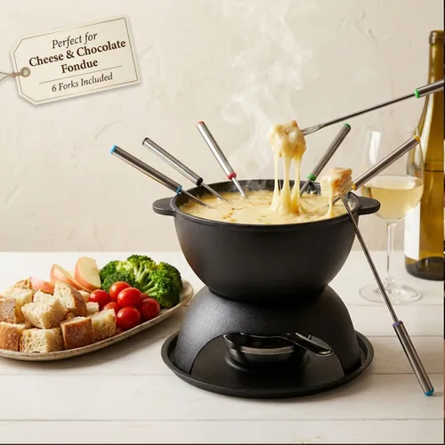 Vista 2 de Artestia Olla de fondue de hierro fundido para chocolate, olla de fondue de queso de 5 tazas con 6 tenedores de colores para fiesta de fondue, 4-6