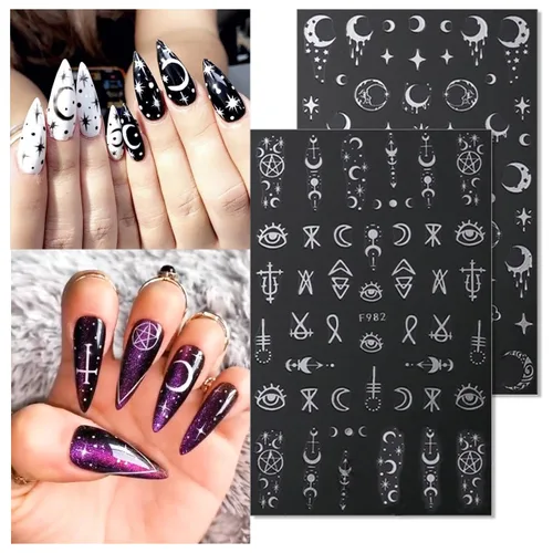 Vista 3 de 8 hojas de calcomanías metálicas para arte de uñas, luna plateada, estrella, sol, calcomanías de uñas de serpiente, calcomanías 3D autoadhesivas