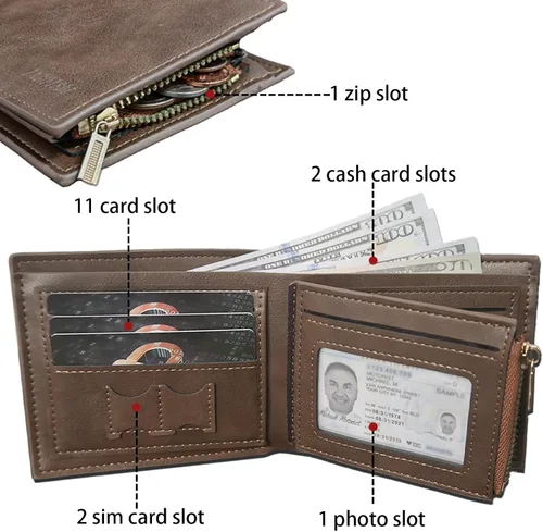 Vista 2 de Zkgiftsdz Cartera de piel con bloqueo RFID para hombre, con ventana de identificación y caja de regalo, color negro, marrón (Wallet-Brown)
