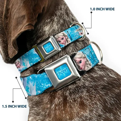 Vista 2 de Buckle-Down Collar de perro con hebilla de cinturón de seguridad, cara de Elsa congelada, postura de acción, copos de nieve, azul, blanco, 1.5