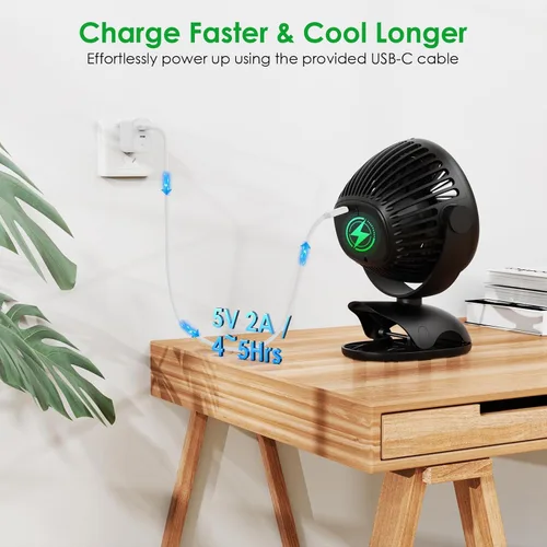 Vista 7 de Minthouz Ventilador de clip, ventilador de escritorio pequeño recargable USB-C de 8000 mAh, ventilador de escritorio pequeño de 4 velocidades