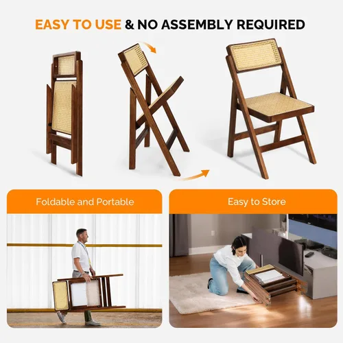 Vista 6 de VINGLI Silla de comedor de ratán, silla plegable de madera con respaldo giratorio de 360°, marco de madera de caucho y asiento y respaldo tejidos