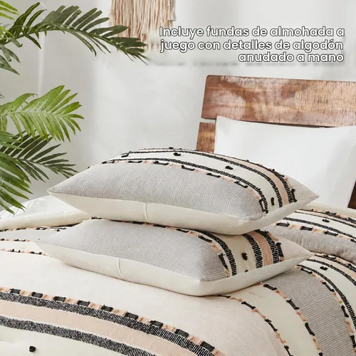 Vista 4 de Hyde Lane Juego de edredón bohemio tamaño Queen, ropa de cama moderna tamaño Full estilo casa de campo, parte superior de algodón con rayas jacquard