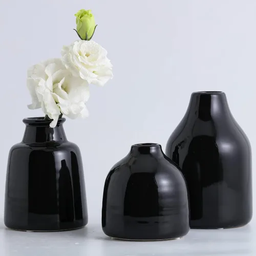 Vista 6 de Juego de 3 jarrones negros pequeños para decoración moderna del hogar, jarrones de cerámica para centros de mesa, jarrones de flores para sala