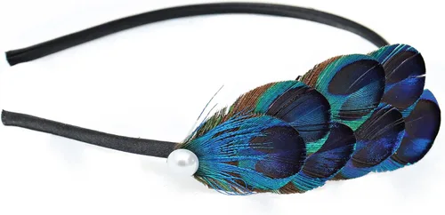 Vista 10 de DAZCOS Diadema de plumas de pavo real, corona, carnaval, tocado, tocado, 1920, Gatsby, cosplay, Navidad Negro 1