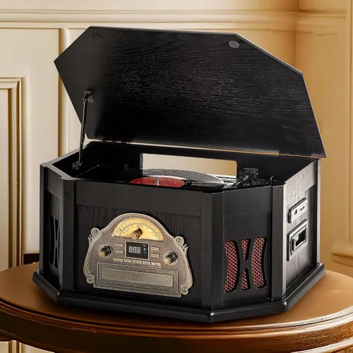 Vista 8 de ORCC Tocadiscos 10 en 1, tocadiscos nostálgicos para discos de vinilo con Bluetooth, 2 altavoces integrados, CD, cassette, radio AM/FM, USB, ranura