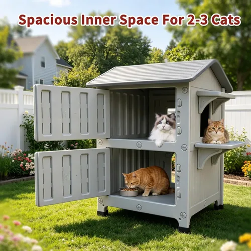 Vista 3 de Rockever Casa de gato con aislamiento de plástico para exteriores con puerta de escape, casa impermeable de 2 pisos para gatos al aire libre