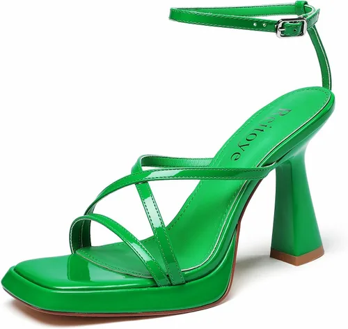 Vista 14 de Reitoye Tacones de tiras para mujer, con plataforma, tacones altos y gruesos, sandalias de tacón cuadrado con puntera abierta, correa de tobillo