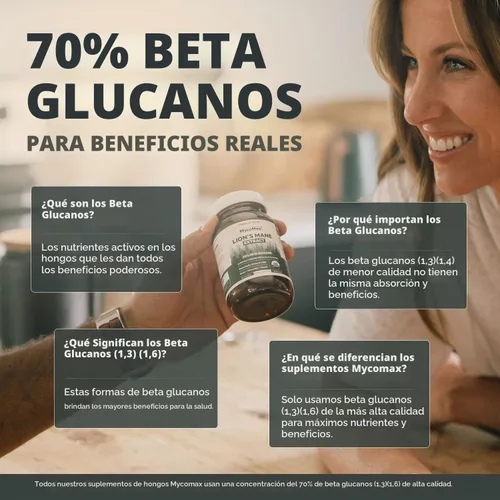 Vista 4 de Suplemento de Hongos Mane de León MycoMax - 70% Beta Glucanos, Extracto Orgánico de Mane de León de Máxima Potencia, Cultivado en EE. UU. +