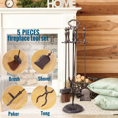 Vista 5 de Sungmor Juego de herramientas de chimenea de hierro fundido resistente, 5 herramientas de fuego con soporte, accesorios de chimenea para estufa