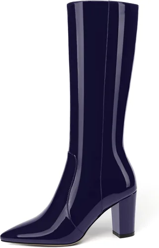 Vista 72 de AMBELIGHT Botas altas hasta la rodilla con cremallera y puntera puntiaguda para mujer, de patente sólida, tacón alto, 3.3 pulgadas