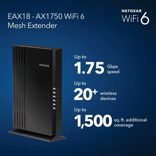 Vista 2 de NETGEAR Extensor de rango de malla WiFi 6 (EAX18): añade hasta 1,500 pies cuadrados y más de 20 dispositivos con amplificador y repetidor de señal