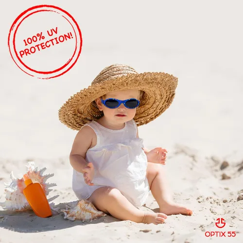 Vista 4 de Optix 55 Gafas de sol para bebé con correa, lentes de sol para bebés, niños pequeños y niñas de 0 a 12 meses, 3 años, UV 400, Azul