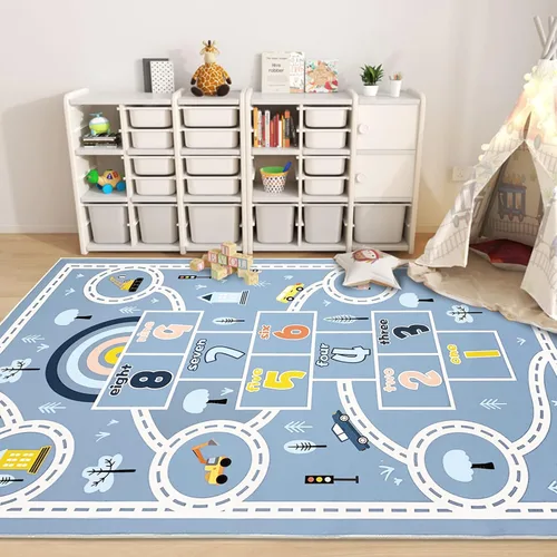 Vista 3 de Alfombra de juego para niños de 4 x 6 pies y alfombra de auto Hopscotch – Alfombra grande azul lavable para aula y preescolar para niños en edad